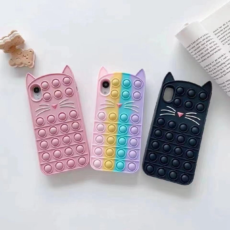 Cute 3D Silicone Push Pops Sensory Fidget Toy Bubble Phone Cover Stress Relief Pops It Cat Beard Phone Case for iPhone 11 12 13